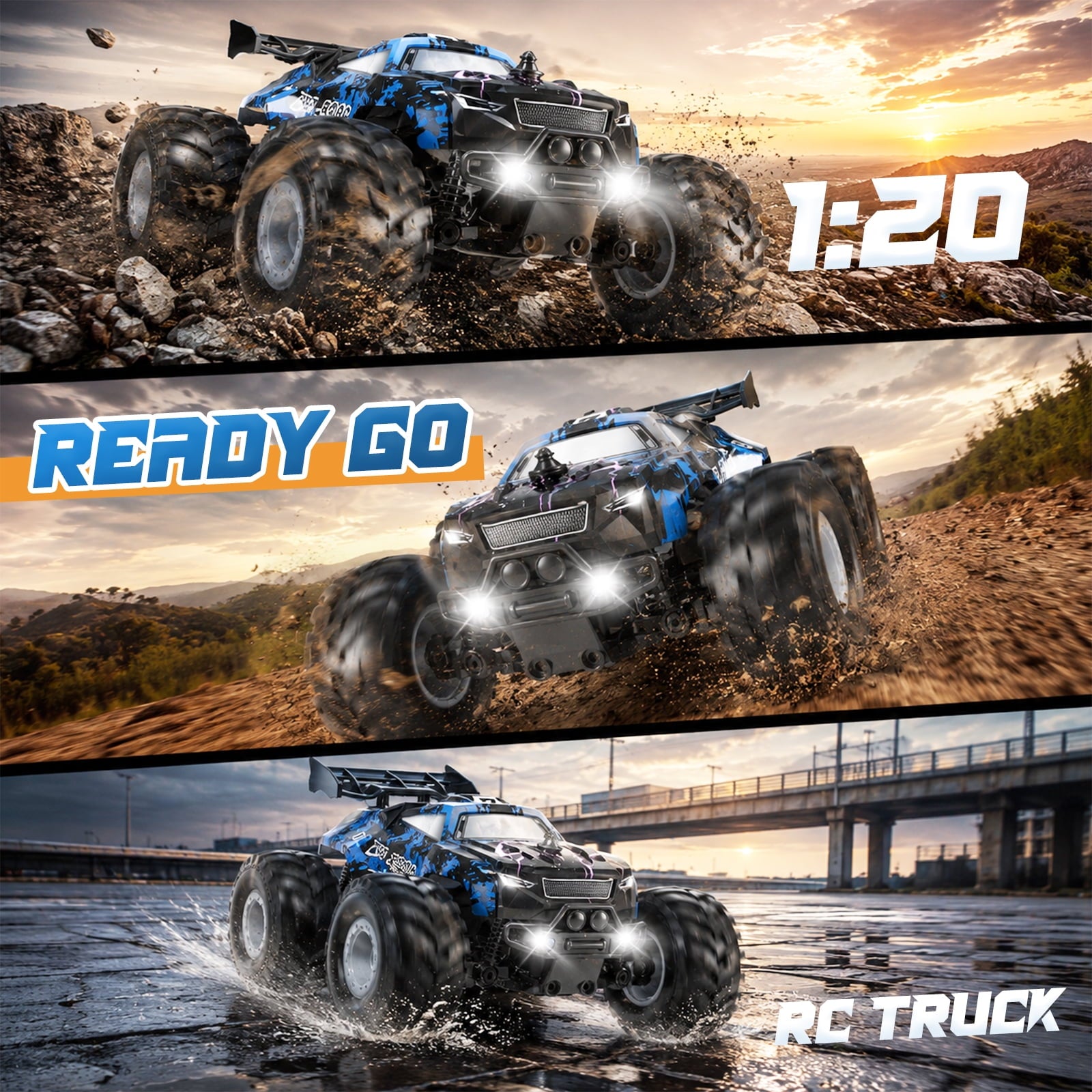 Yeahill Remote Control Car, All-Terrain Remote Control Truck for Boys, Rechargeable Rc Truck with LED, 1:20, 10KM/H, 2 Motors, 2.4GHZ, Speed Friendly, Sturdy, Rc Cars for Christmas, Kids, Beginner