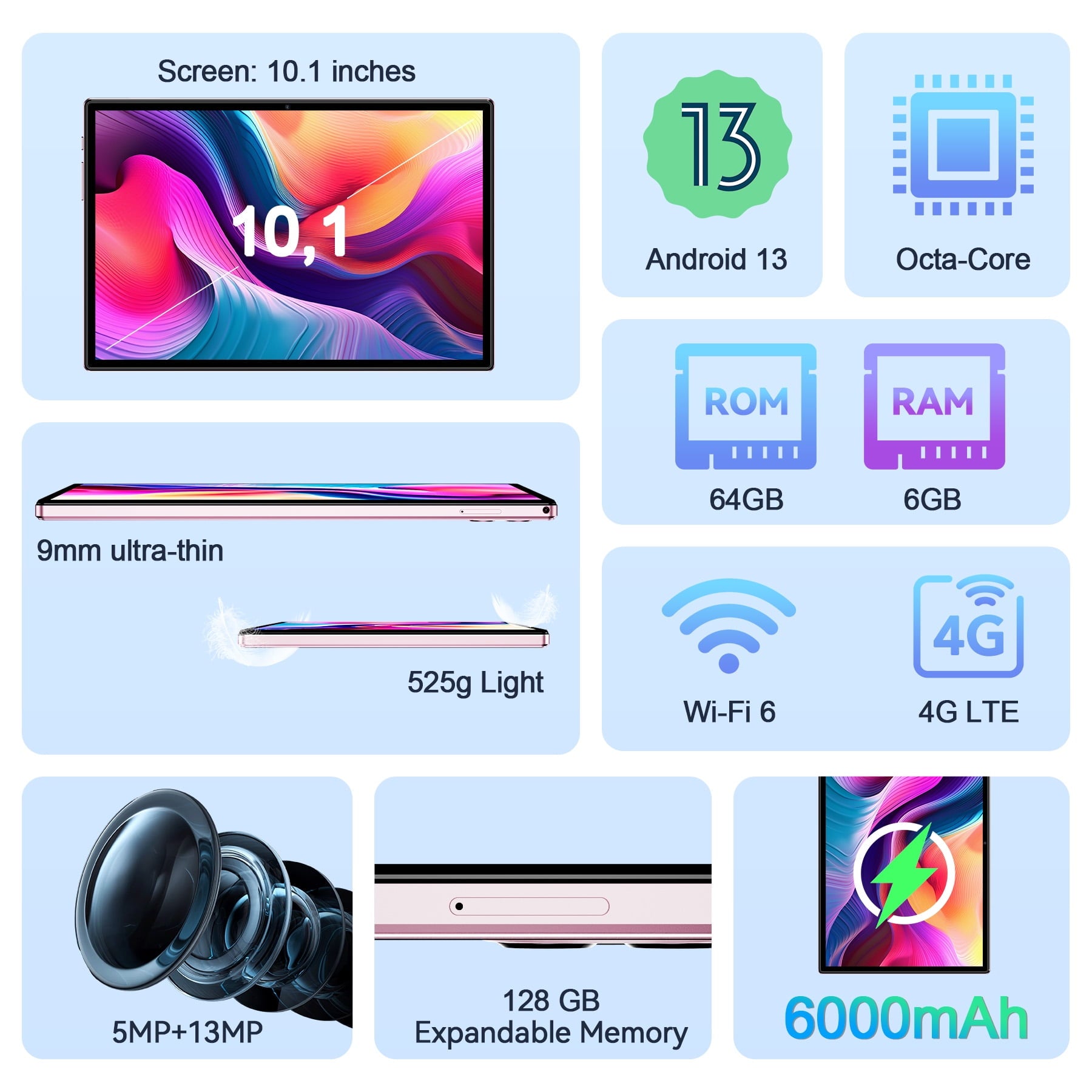 VEAT00L Tablet,10.1 inch Android 13 Tablets ,6GB RAM 64GB ROM 128GB Expand,Octa-Core Processor up with 5G WiFi,1280x800 IPS HD Touchscreen,6000mAh Battery, Bluetooth, Dual Camera, GMS (Rose Gold)