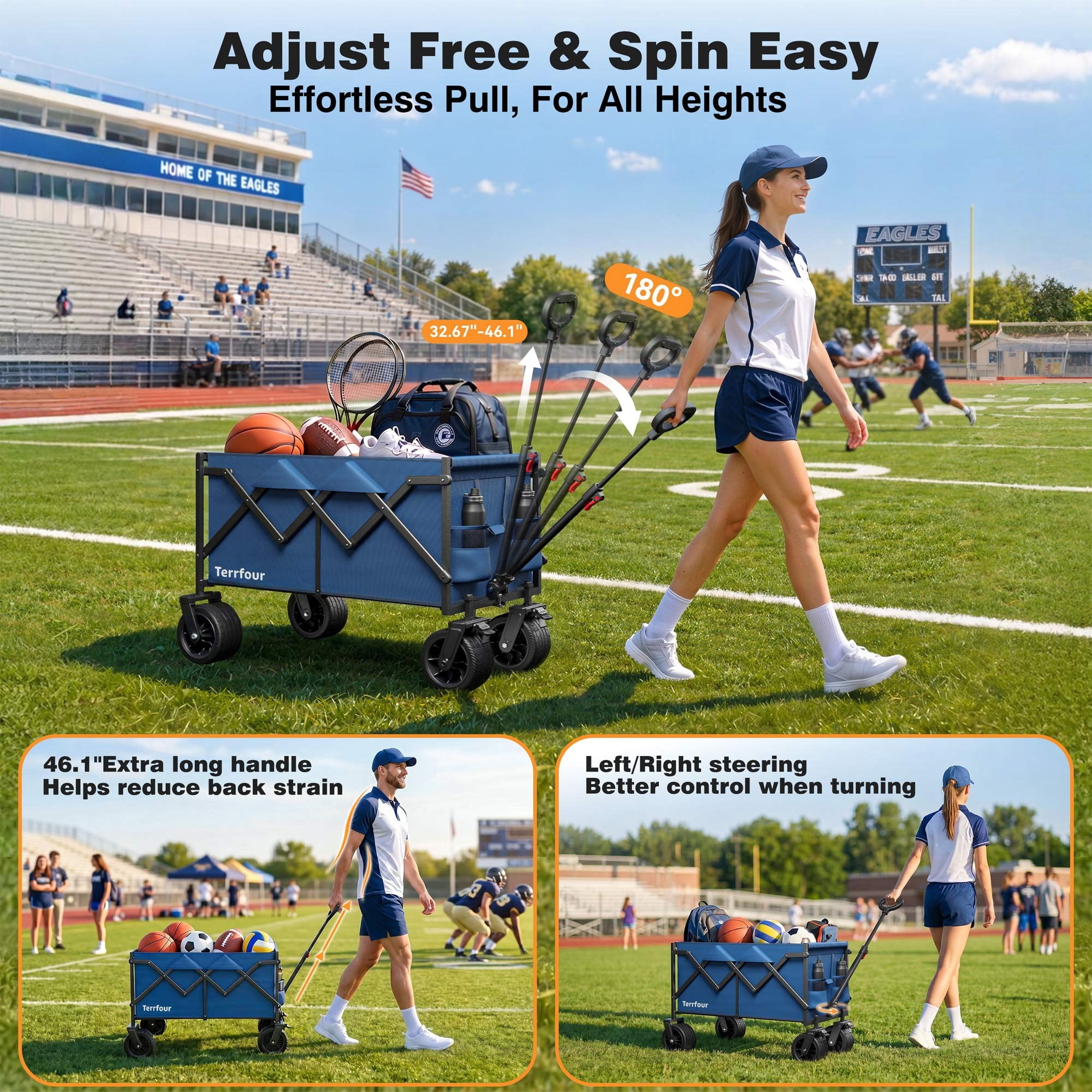 Terrfour Collapsible Wagon Cart with Tank Wheels, 580LBS Heavy Duty Folding Beach Wagon for Camping Garden Sports Shopping, Navy Blue