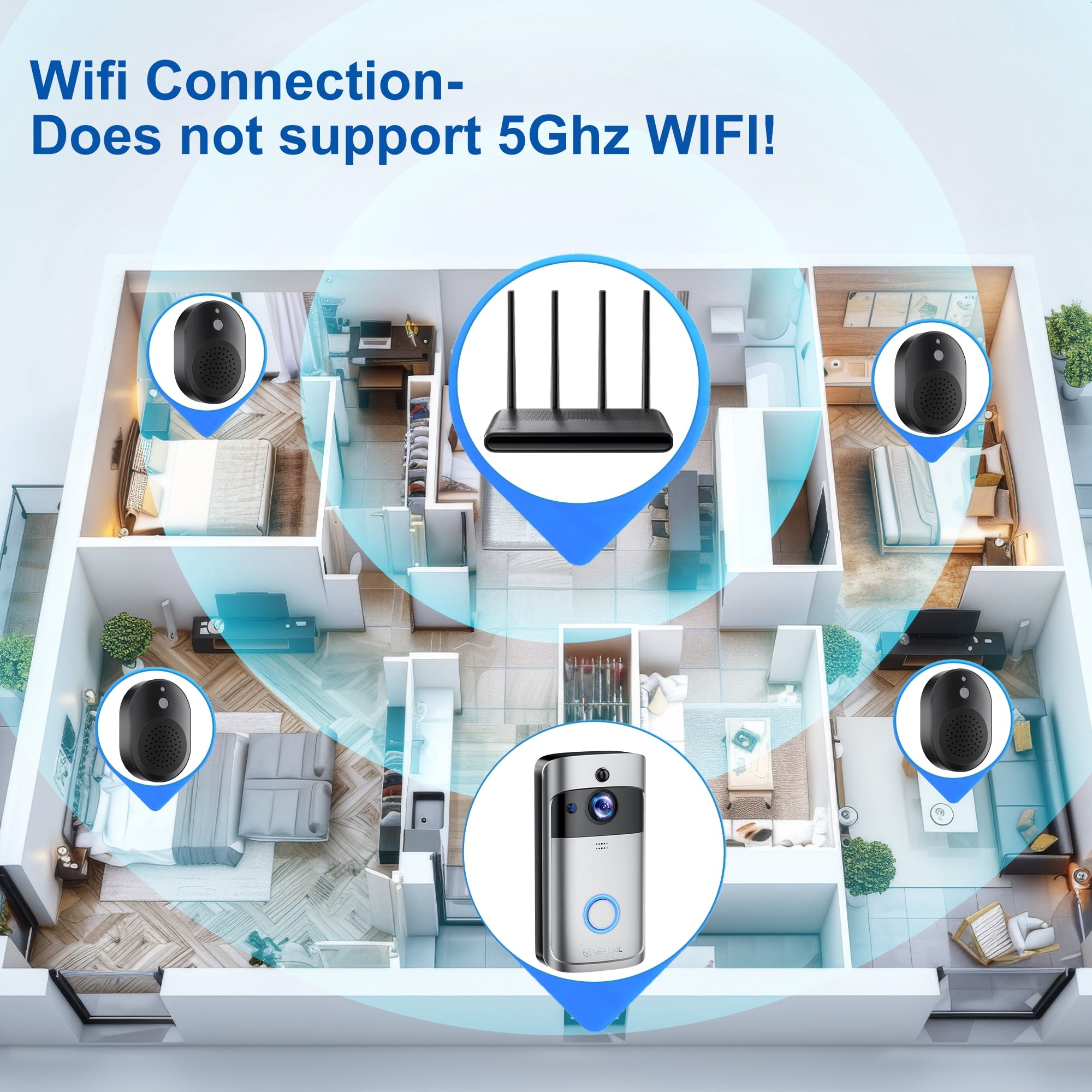 VEAT00L Doorbell Camera Wireless,1080P Video Doorbell with Chime,Head-to-Toe video, Live View with Two-Way Talk, PIR Motion Detection, 2.4GHz WiFi